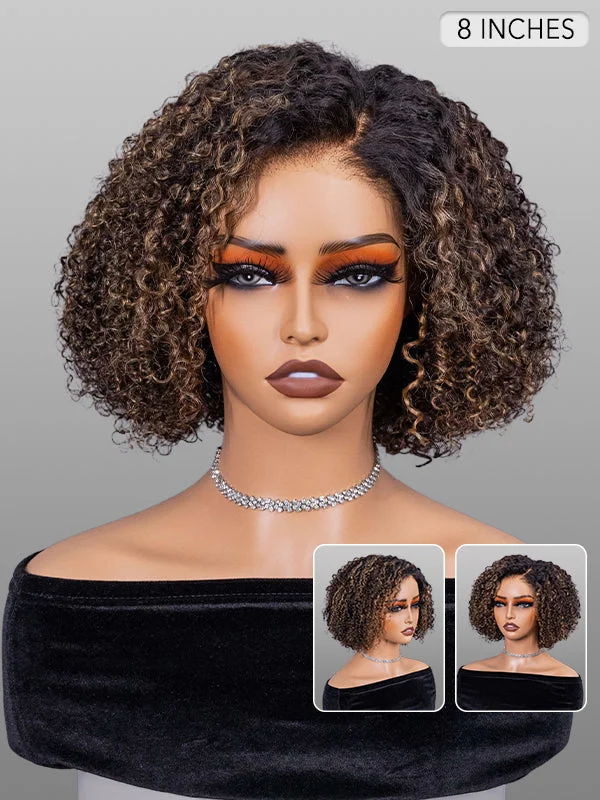 Wavymy Wear Go Glueless Curly Bob Wig Honey Blonde Highlight Kinky Curly 4x6 Pre-cut Lace Pre-bleached Knots Human Hair Wig 200% Density