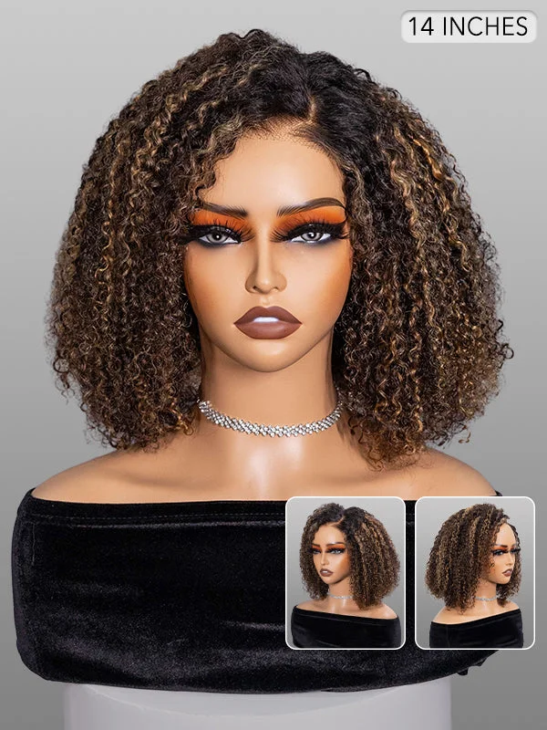 Wavymy Wear Go Glueless Curly Bob Wig Honey Blonde Highlight Kinky Curly 4x6 Pre-cut Lace Pre-bleached Knots Human Hair Wig 200% Density