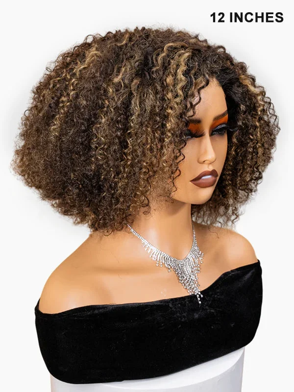 Wavymy Wear Go Glueless Curly Bob Wig Honey Blonde Highlight Kinky Curly 4x6 Pre-cut Lace Pre-bleached Knots Human Hair Wig 200% Density