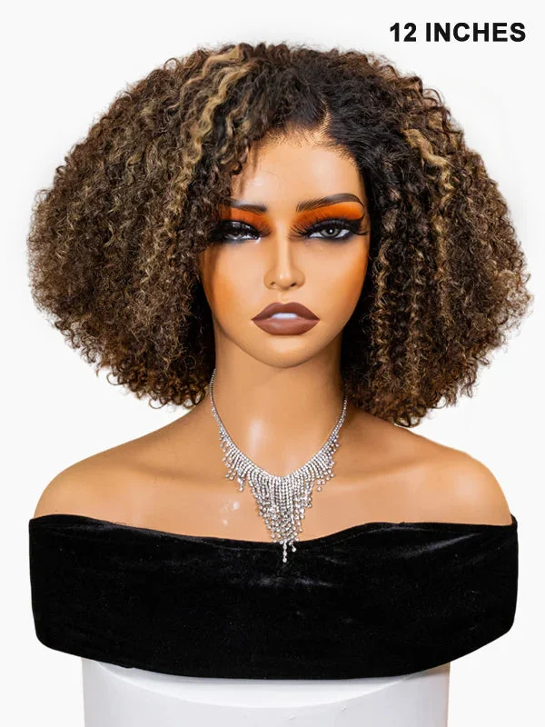 Wavymy Wear Go Glueless Curly Bob Wig Honey Blonde Highlight Kinky Curly 4x6 Pre-cut Lace Pre-bleached Knots Human Hair Wig 200% Density