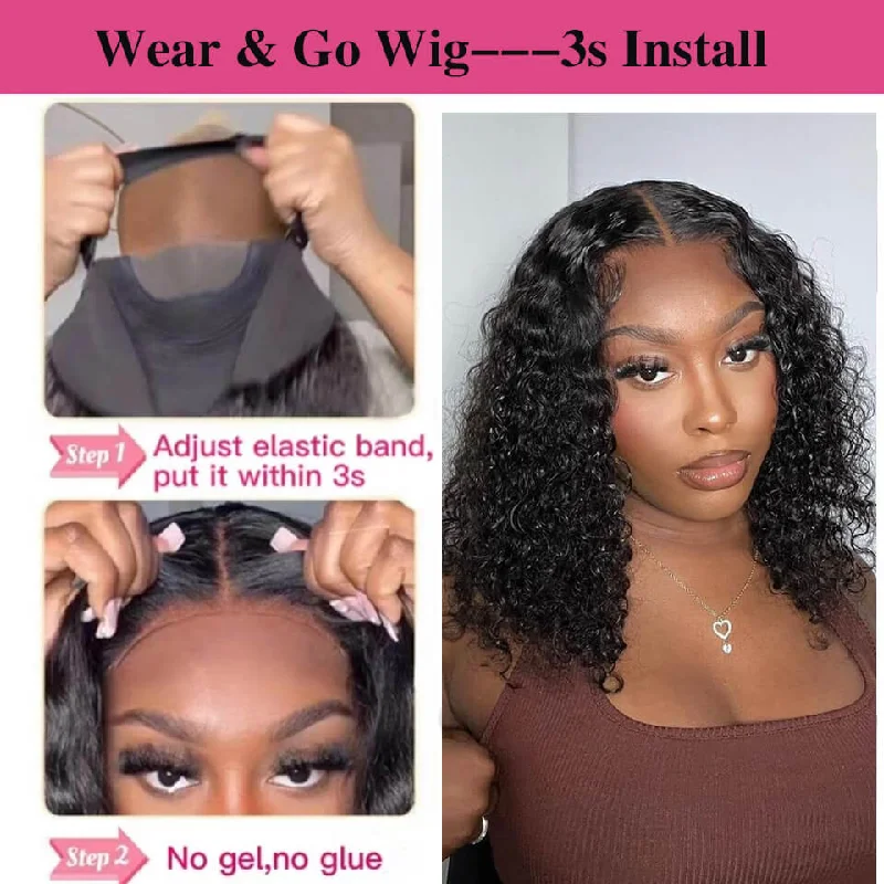 Wear And Go Curly Bob Lace Closure Wig Glueless HD Pre-Cut Human Hair Wigs 4x4 5x5 Lace Wig