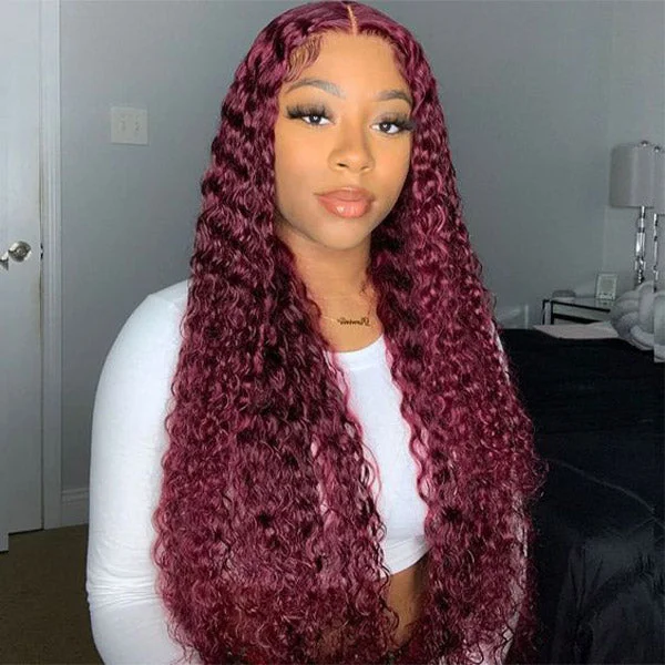 Glueless Color Wigs Deep Wave 99J Burgundy Color Wear Go Glueless Wig Pre-cut Lace Wig Preplucked 4x6 HD Lace Wig