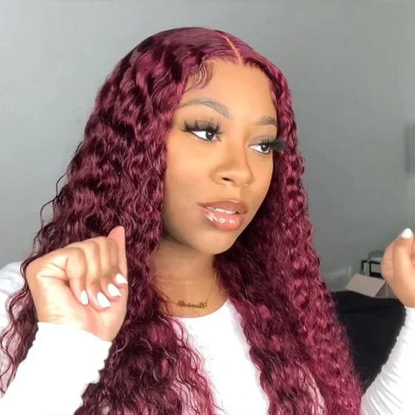 Glueless Color Wigs Deep Wave 99J Burgundy Color Wear Go Glueless Wig Pre-cut Lace Wig Preplucked 4x6 HD Lace Wig