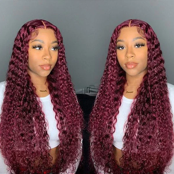 Glueless Color Wigs Deep Wave 99J Burgundy Color Wear Go Glueless Wig Pre-cut Lace Wig Preplucked 4x6 HD Lace Wig