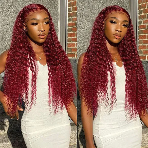 Glueless Color Wigs Deep Wave 99J Burgundy Color Wear Go Glueless Wig Pre-cut Lace Wig Preplucked 4x6 HD Lace Wig