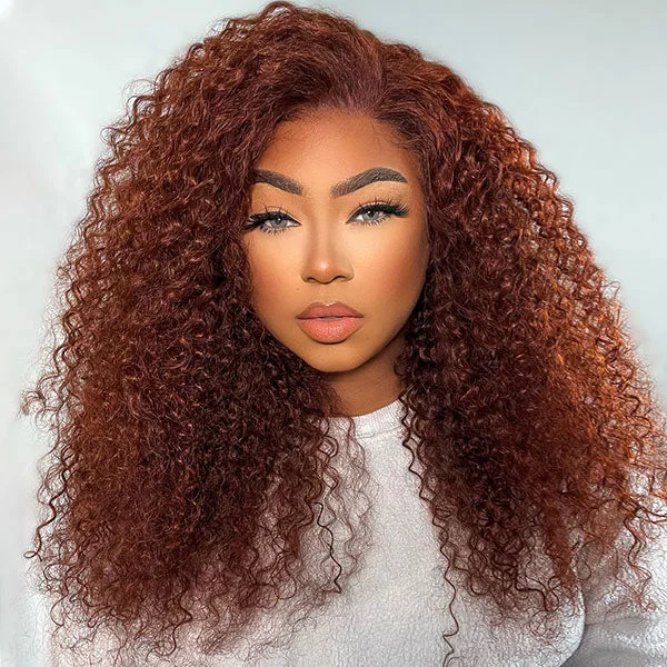 Kinky Curly Reddish Brown Wear Go Wig Pre-cut 4x6 Lace Glueless Human Hair Wigs