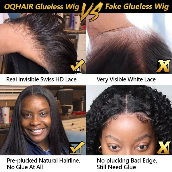 OQHAIR Kinky Straight Highlight Brown Color Wear Go Glueless Wigs 4x6 HD Lace Pre-Cut Lace Preplucked Human Hair Wigs