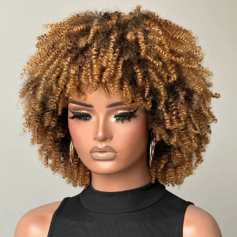 Wear & Go Honey Blonde Highlights Afro Kinky Coily Glueless Bob Wig With Bangs