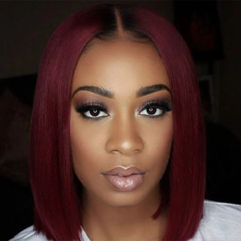 Brazilian Hair Burgundy With Black Root Color Straight Lace Front Bob Wig