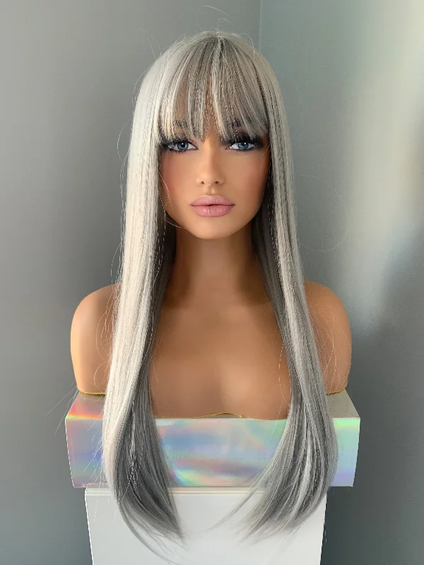 ""Winny"" - Long Straight Grey Silver Wig with Bangs