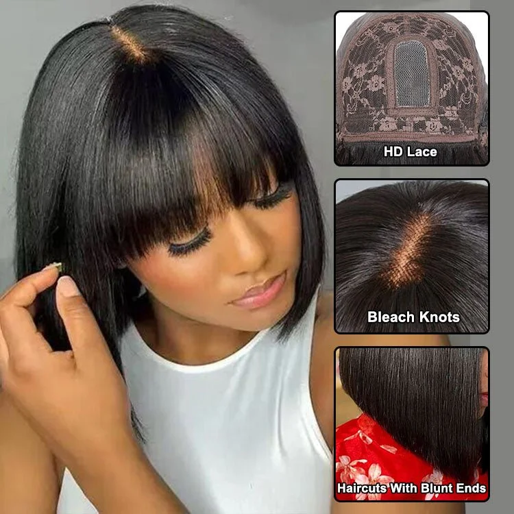 Worth Having- Superlove Glueless Mini Hd Lace Breathable Cap Silk Straight Bob Wig Human Hair with Bangs