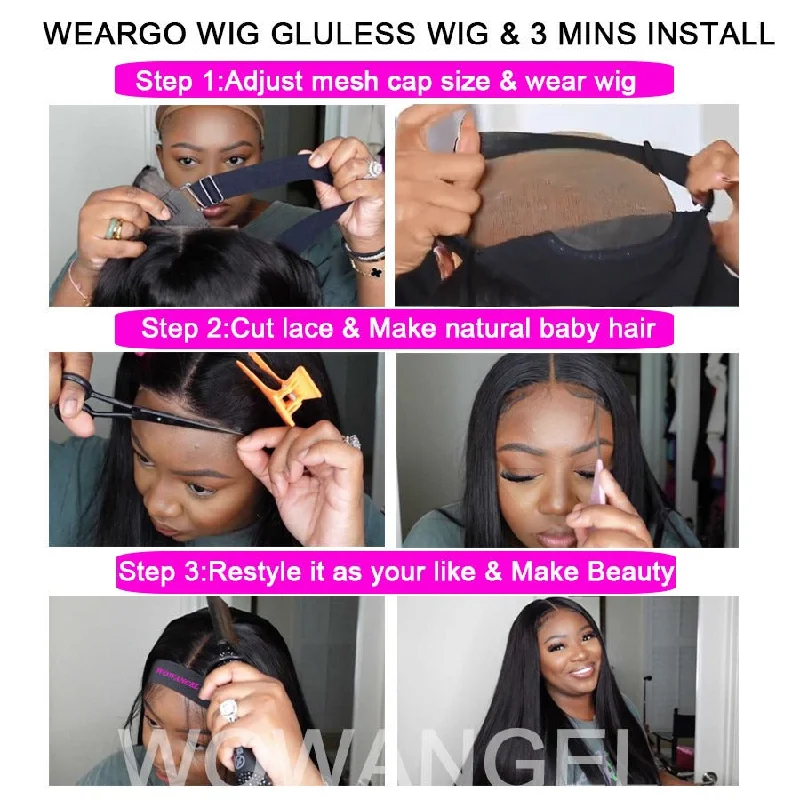 WOWANGEL 2X6 HD Lace Closure Wig Wear & Go Glueless Kim K Straight Bob