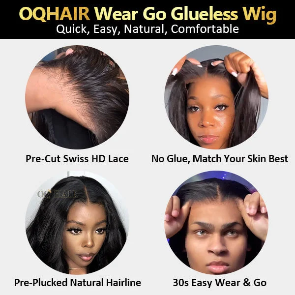 OQHAIR Kinky Straight Hair Wear Go Glueless Wigs 4x6 HD Lace Pre Cut Lace Closure Wigs