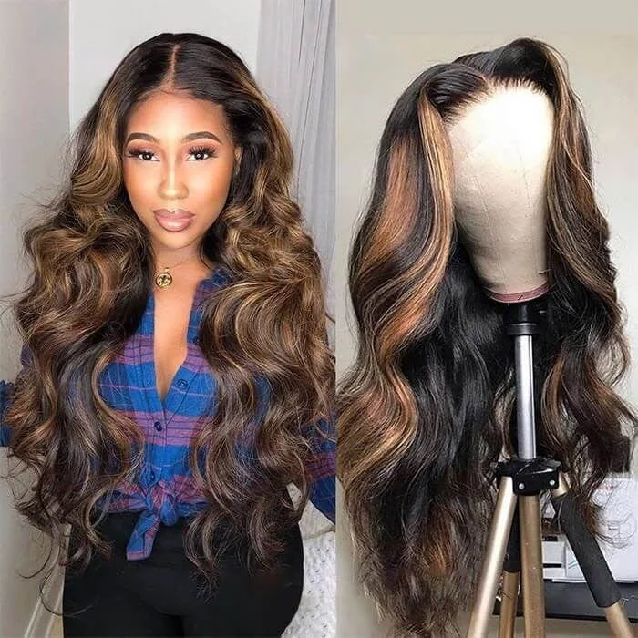 Grade 10A Highlight Balayage Blonde Body Wave Lace Front T Part Human Hair Wigs