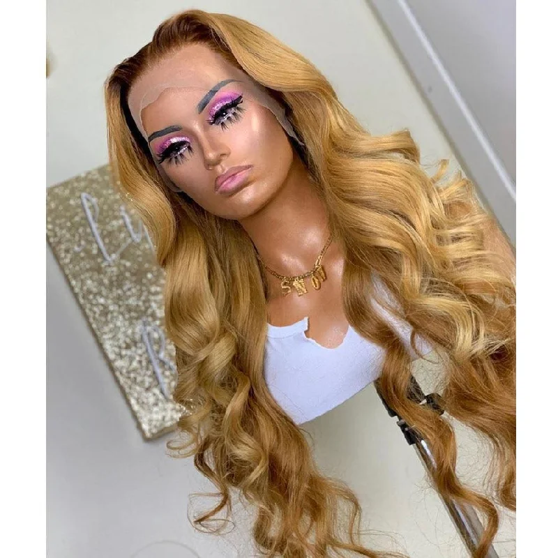 Body Wave 13x6 lace frontal wigs #27 colored honey blonde HD lace human hair wigs pre-plucked with baby hair