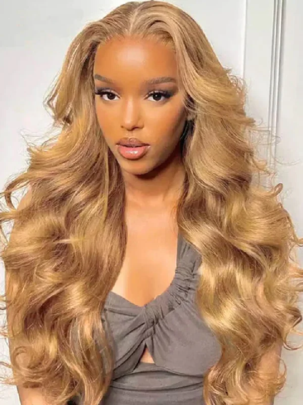 Body Wave 13x4 Lace Wigs #27 Colored Honey Blonde Human Hair Wigs Pre-plucked With Baby Hair