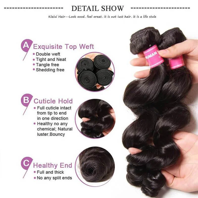 Klaiyi 8A Grade Indian Loose Wave 4 Pcs with 4*4 Lace Closure,100% Unprocessed Human Hair Weave