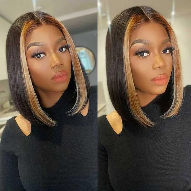 Alibonnie 1B/27 Skunk Stripe Bob Straight Wigs Human Hair  4x4 13x4 Lace Highlight Wigs