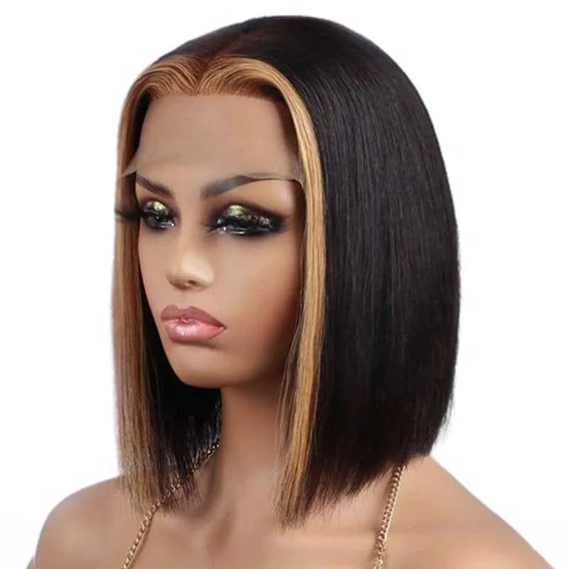 Alibonnie 1B/27 Skunk Stripe Bob Straight Wigs Human Hair  4x4 13x4 Lace Highlight Wigs