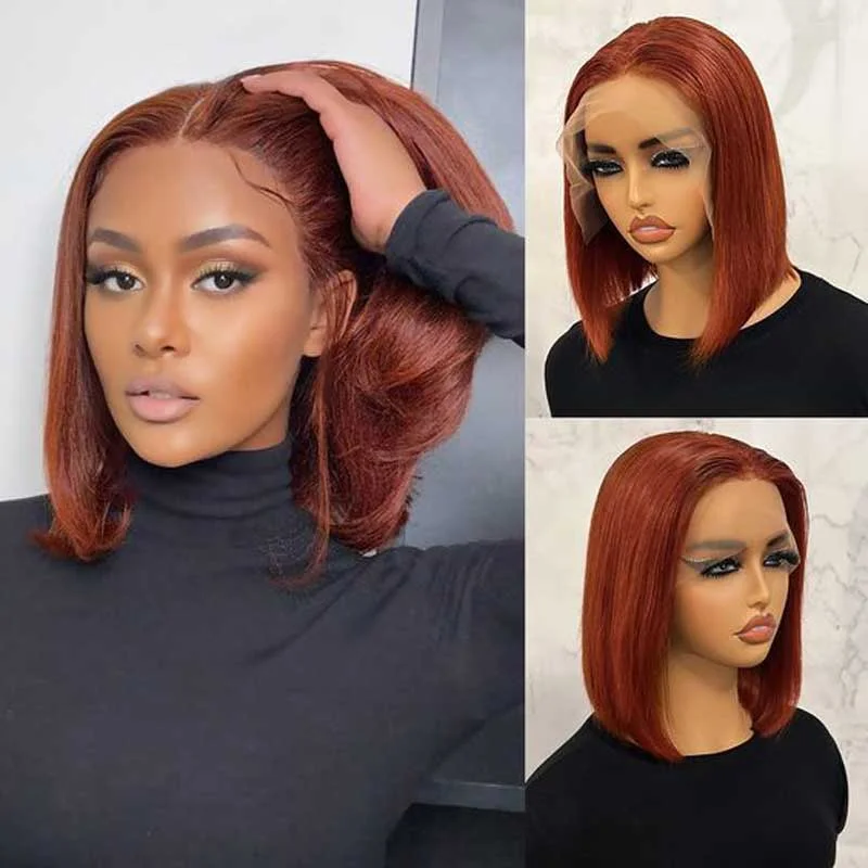 Alibonnie Reddish Brown Color Straight Bob Wigs 4x4 13x4 Lace Closure Human Hair Wigs