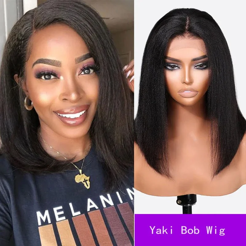 Alibonnie Wear&Go Yaki Straight 6x4 Glueless Bob Wig Pre-Cut Short Black Bob Human Hair Wigs