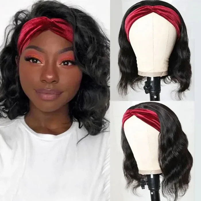 AngieQueen Bob Body Wave Wigs Headband Wigs Human Hair Short Bob Wavy Wig for Women