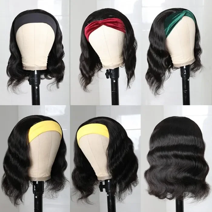 AngieQueen Bob Body Wave Wigs Headband Wigs Human Hair Short Bob Wavy Wig for Women