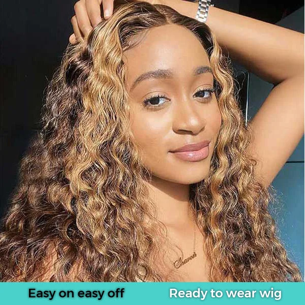 Flowy Bohemian Curly Wear And Go P4/27 Highlight Piano Color Water Wave Ready to Wear Wig with Pre Plucked Hairline & Bleached Knots