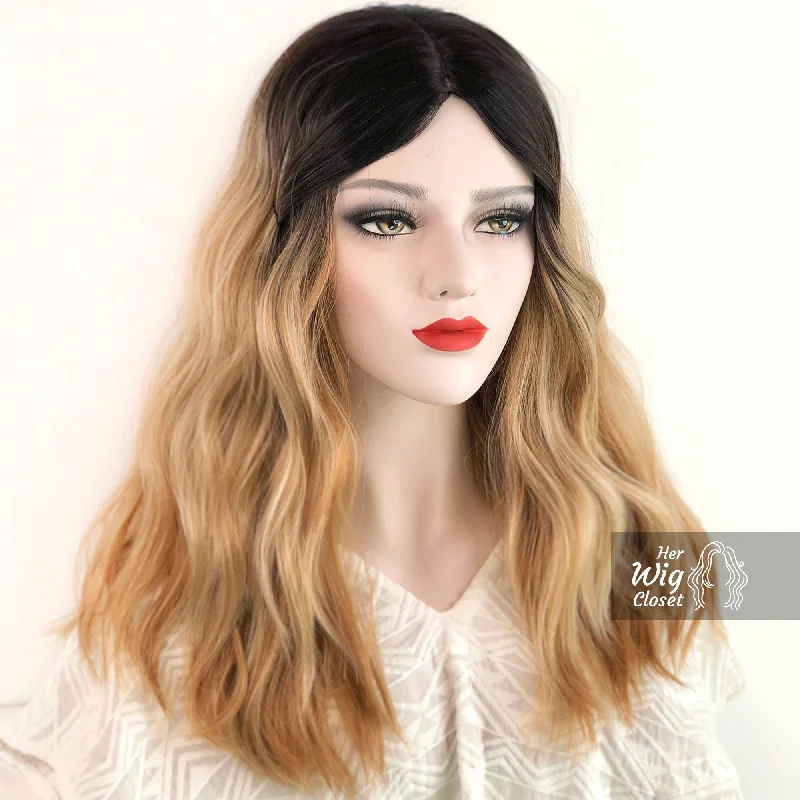 Black Roots Ash Blonde Color Wavy Wig | Fairfax