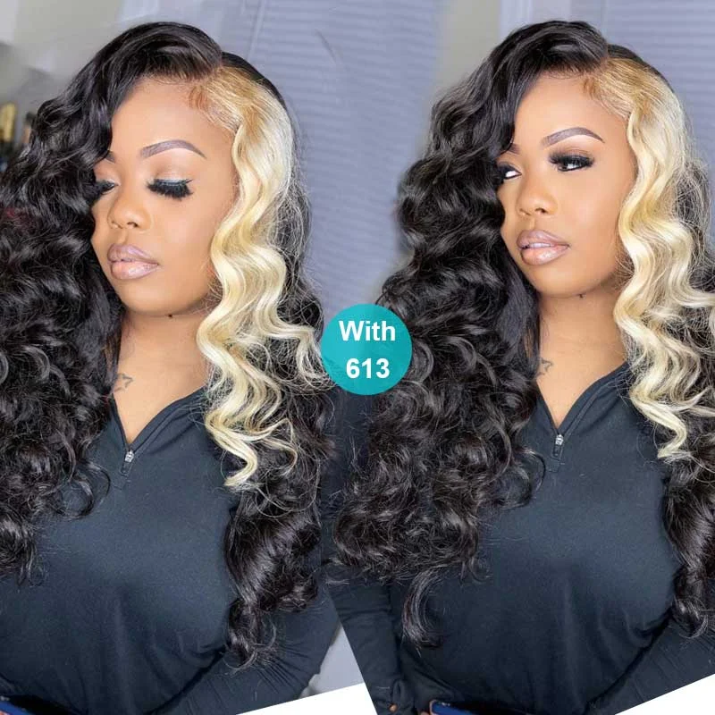 Blonde Skunk Stripe Hair Body Wave 13*4 Lace Frontal Wigs Brazilian Human Hair Natural Color