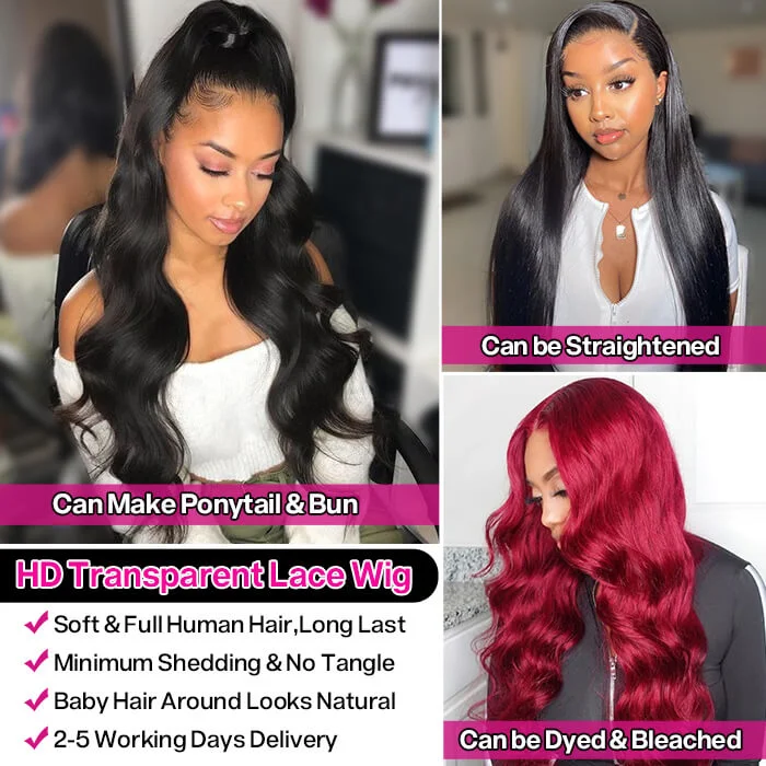 13x6 HD Transparent Lace Front Human Hair Wigs  Brazilian Body Wave Wigs