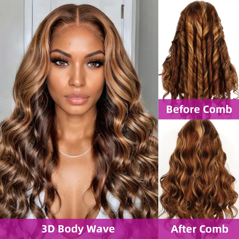 Ombre Highlight Wig 3D Body Wave 5x5 13x4 13x6 Lace Human Hair Wigs P4/27 Color