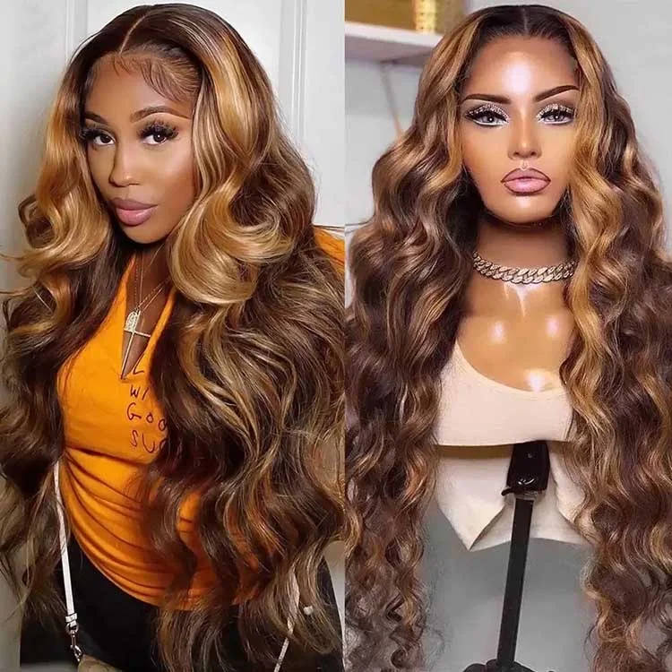 Ombre Highlight Wig 3D Body Wave 5x5 13x4 13x6 Lace Human Hair Wigs P4/27 Color