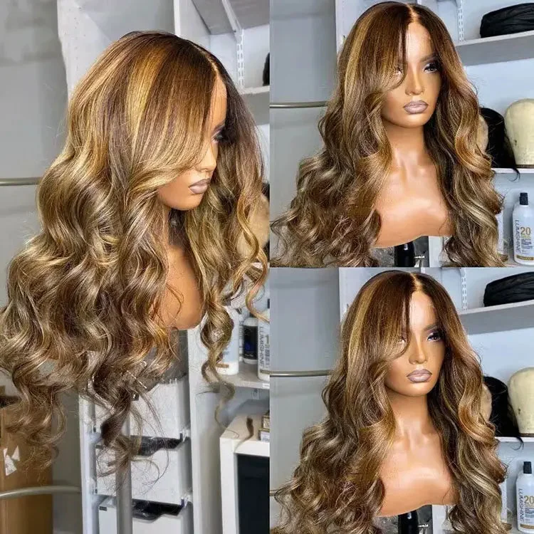 Ombre Highlight Wig 3D Body Wave 5x5 13x4 13x6 Lace Human Hair Wigs P4/27 Color