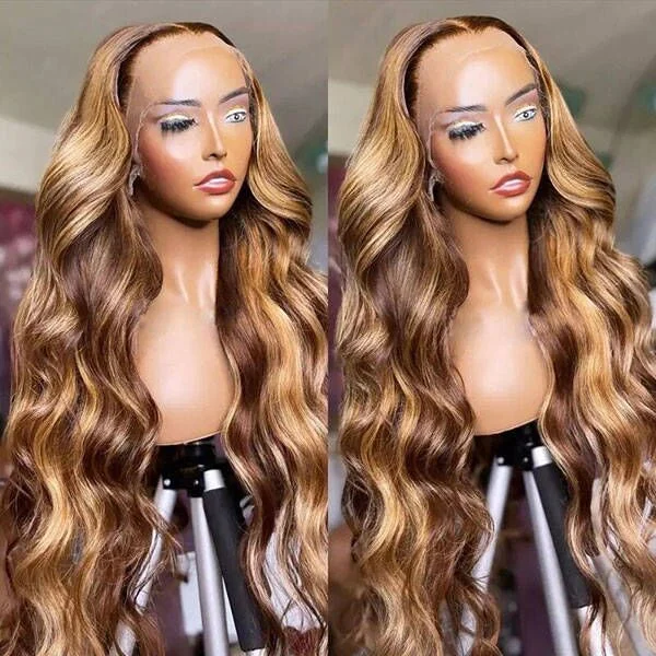 Ombre Highlight Wig 3D Body Wave 5x5 13x4 13x6 Lace Human Hair Wigs P4/27 Color