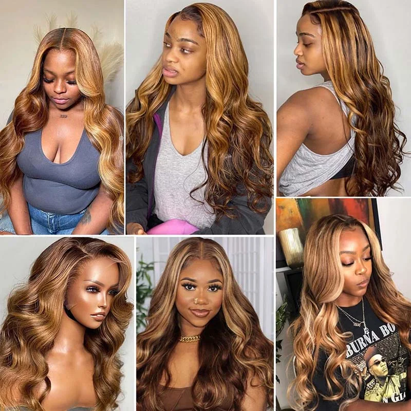 Ombre Highlight Wig 3D Body Wave 5x5 13x4 13x6 Lace Human Hair Wigs P4/27 Color