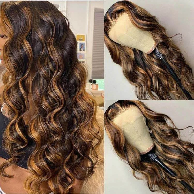 Ombre Highlight Wig 3D Body Wave 5x5 13x4 13x6 Lace Human Hair Wigs P4/27 Color