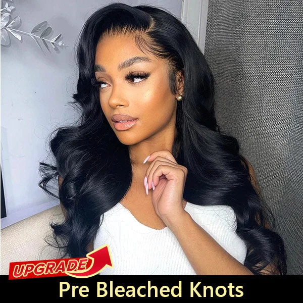 Body Wave Pre Bleached Knots Lace Front Wigs Natural Black Human Hair Wigs With Baby Hair