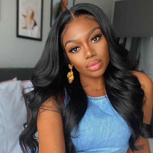 Body Wave Pre Bleached Knots Lace Front Wigs Natural Black Human Hair Wigs With Baby Hair