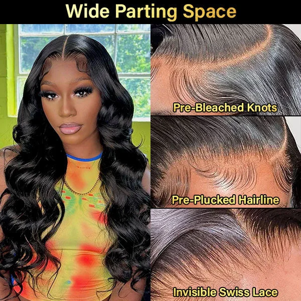 Body Wave Pre Bleached Knots Lace Front Wigs Natural Black Human Hair Wigs With Baby Hair