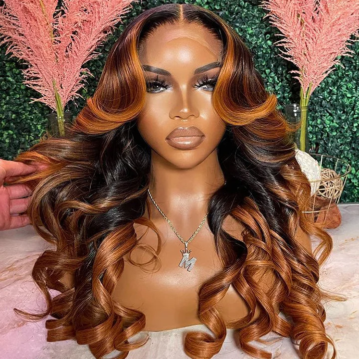 Brown Balayage On Black Hair Body Wave Lace Front Wig Highlight Hd Transparent Human Hair Wigs