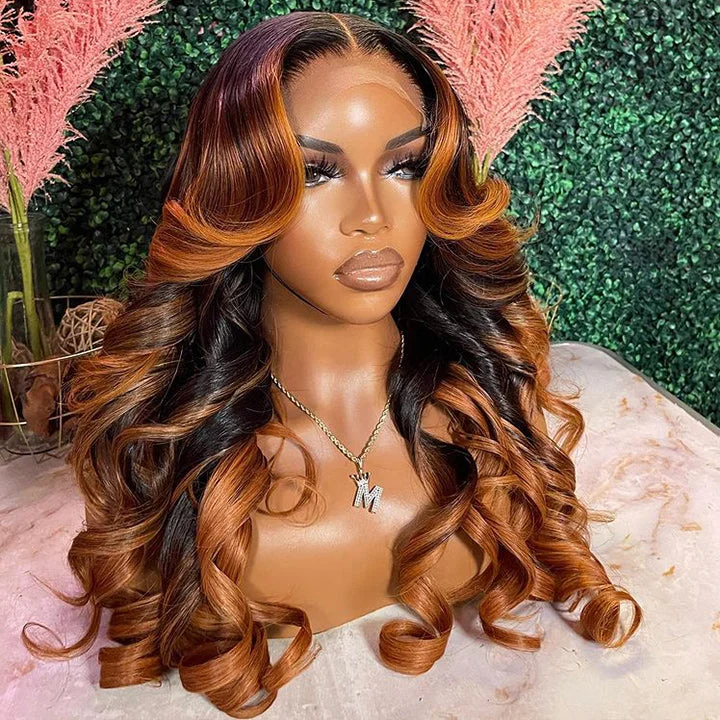 Brown Balayage On Black Hair Body Wave Lace Front Wig Highlight Hd Transparent Human Hair Wigs