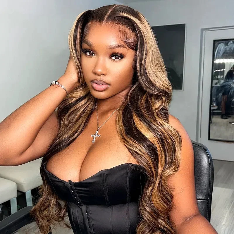 Brown Highlight Skin Lace Wigs Ashimary Body Wave Virgin Hair