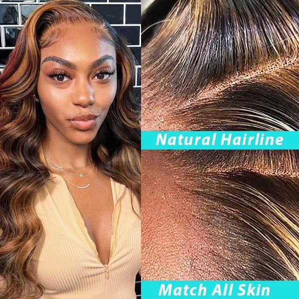 Brown Highlight Skin Lace Wigs Ashimary Body Wave Virgin Hair