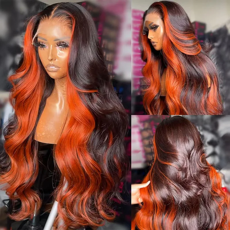 Chocolate Brown With Ginger Highlights 3D Body Wave 5X5 13x4 13x6 Lace Frontal Wigs