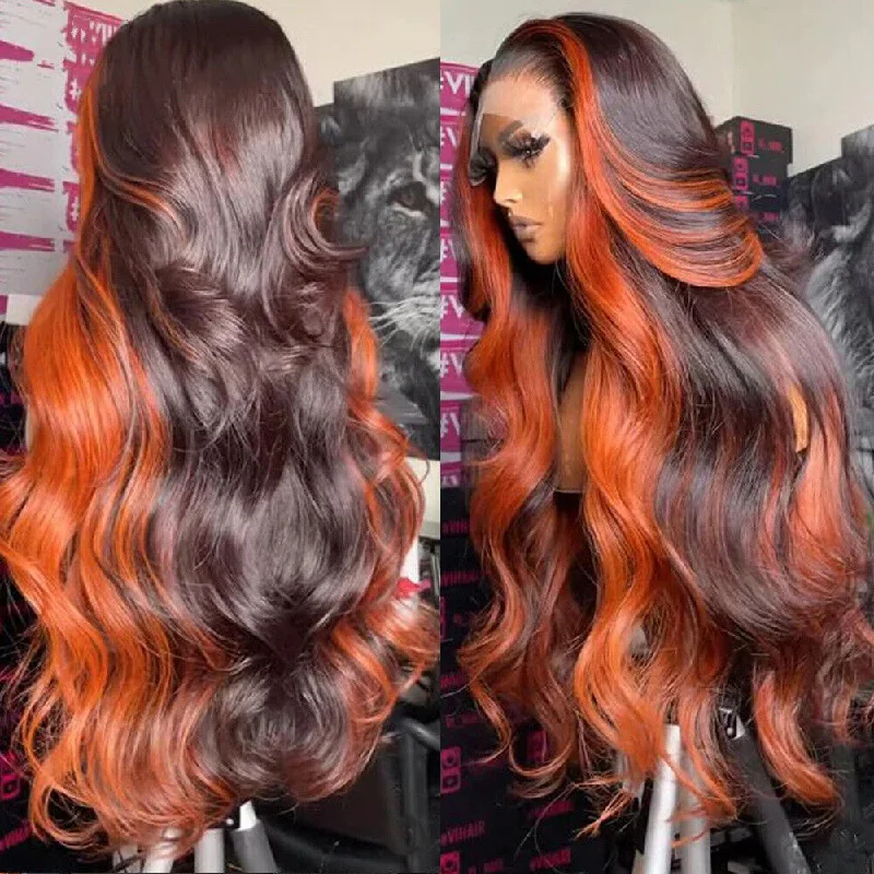 Chocolate Brown With Ginger Highlights 3D Body Wave 5X5 13x4 13x6 Lace Frontal Wigs