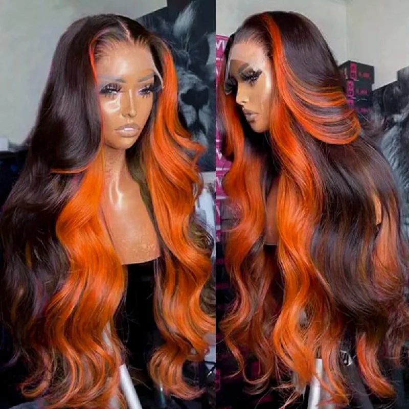 Chocolate Brown With Ginger Highlights 3D Body Wave 5X5 13x4 13x6 Lace Frontal Wigs