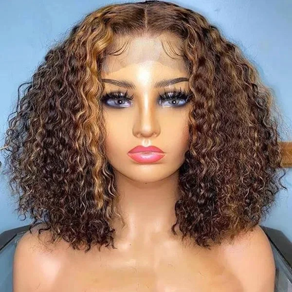 Curly Bob Wigs Highlight 4/27 Wig Short Bob Hair 13*4 Transparent lace Wig