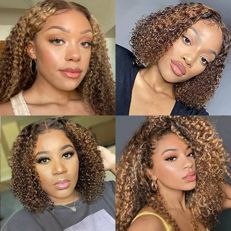 Curly Bob Wigs Highlight 4/27 Wig Short Bob Hair 13*4 Transparent lace Wig