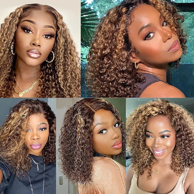 Curly Bob Wigs Highlight 4/27 Wig Short Bob Hair 13*4 Transparent lace Wig